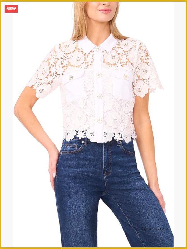 Women's Patch Pocket Button Down Lace Top Blouse
